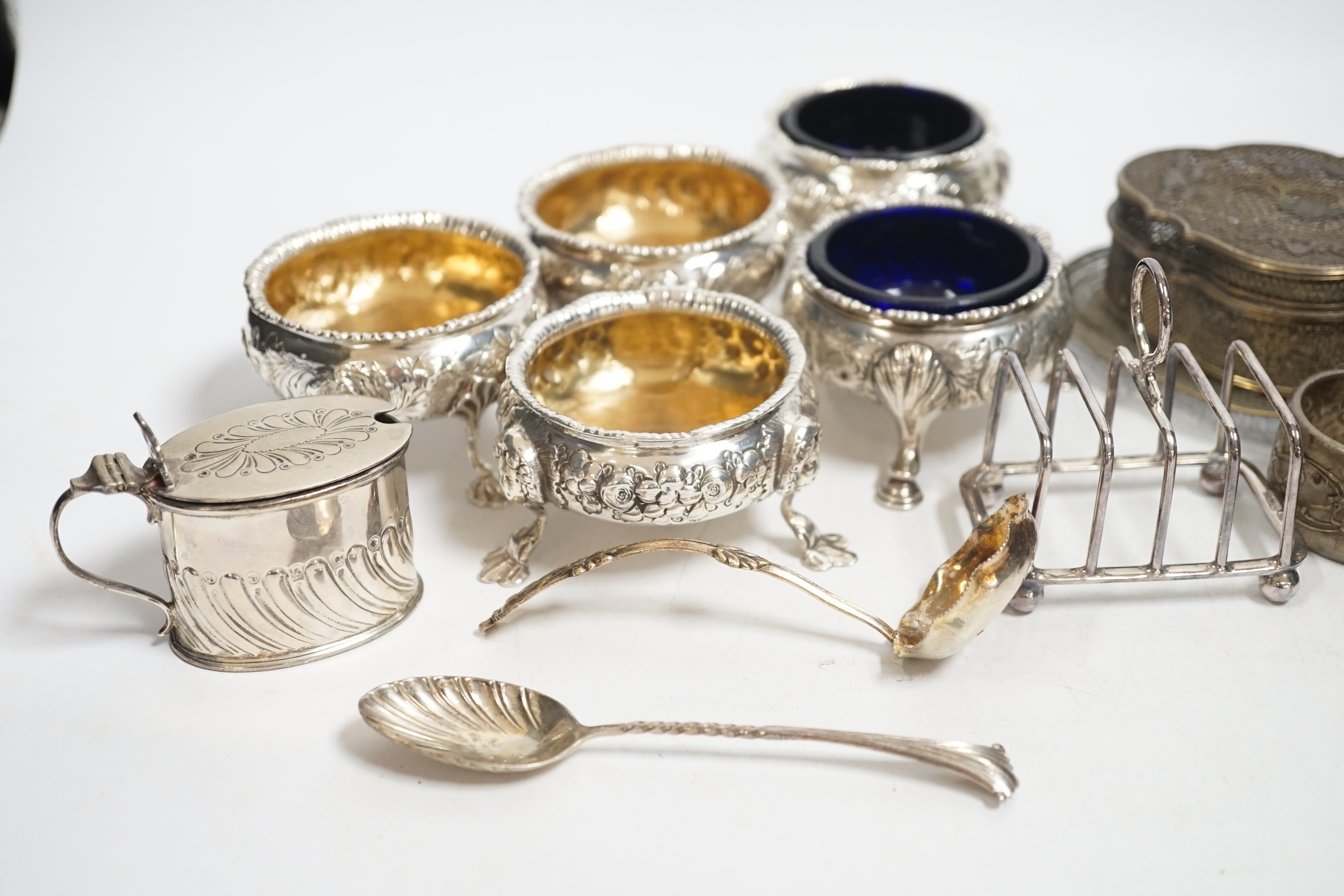 Five assorted Georgian silver bun salts and sundry small silver wares including napkin rings, flatware and white metal items.